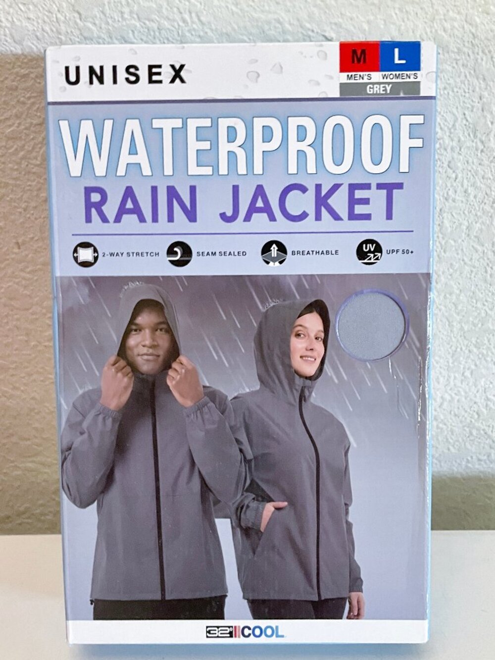 NEW 32 Degrees Cool Waterproof Rain Jacket Unisex Gray Mens M Womens L UPF 50+